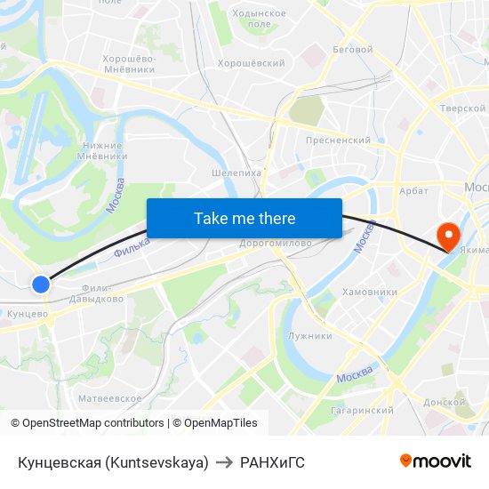Кунцевская (Kuntsevskaya) to РАНХиГС map