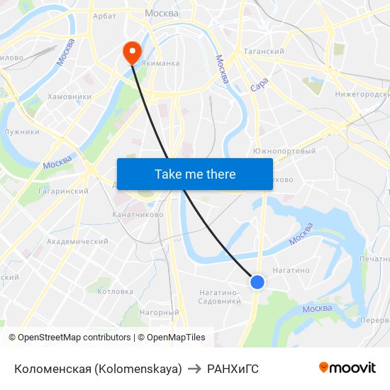 Коломенская (Kolomenskaya) to РАНХиГС map