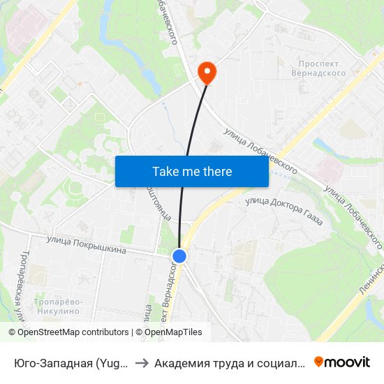 Юго-Западная (Yugo-Zapadnaya) to Академия труда и социальных отношений map