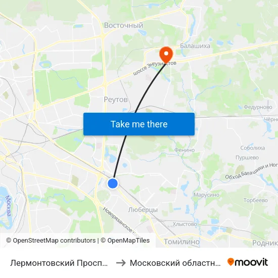 Лермонтовский Проспект (Lermontovsky Prospekt) to Московский областной перинатальный центр map