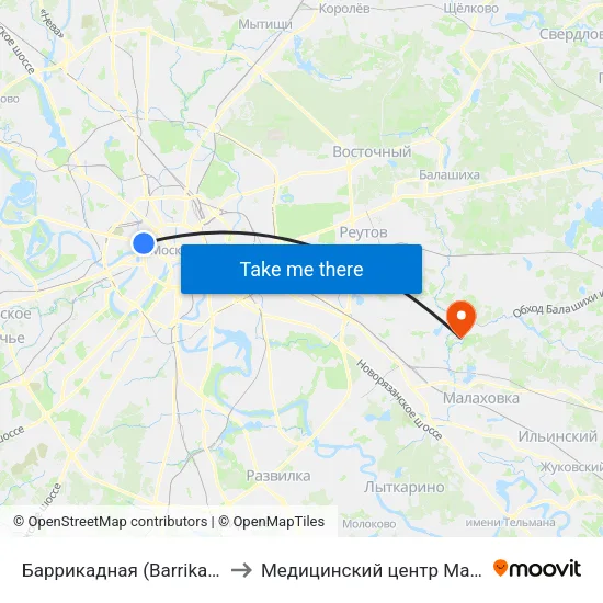 Баррикадная (Barrikadnaya) to Медицинский центр Марусино map