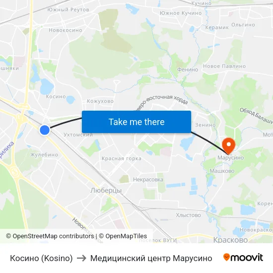 Косино (Kosino) to Медицинский центр Марусино map