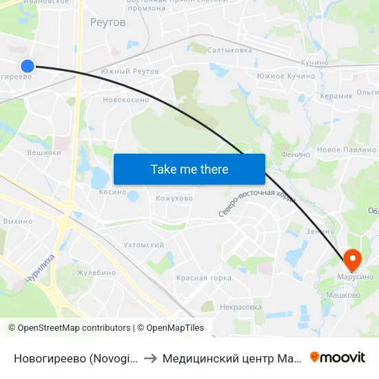Новогиреево (Novogireevo) to Медицинский центр Марусино map