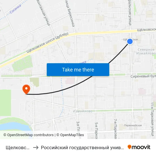 Щелковская (Schelkovskaya) to Российский государственный университет физической культуры, спорта, молодёжи и туризма map