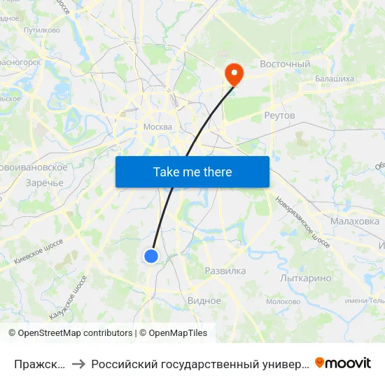 Пражская (Prazhskaya) to Российский государственный университет физической культуры, спорта, молодёжи и туризма map