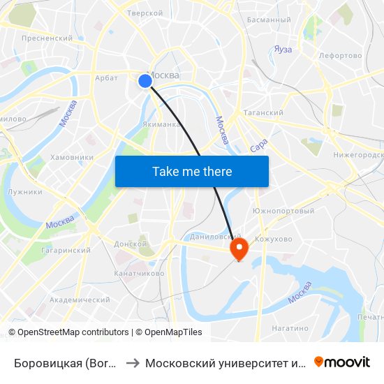 Боровицкая (Borovitskaya) to Московский университет им. С. Ю. Витте map