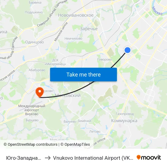 Юго-Западная (Yugo-Zapadnaya) to Vnukovo International Airport (VKO) (Международный аэропорт Внуково) map