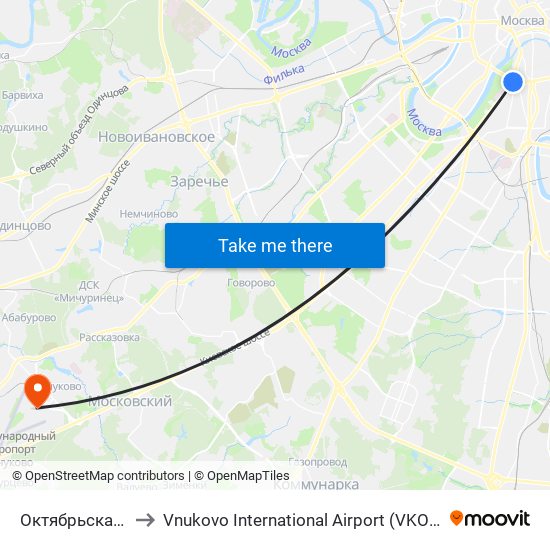 Октябрьская (Oktyabrskaya) to Vnukovo International Airport (VKO) (Международный аэропорт Внуково) map