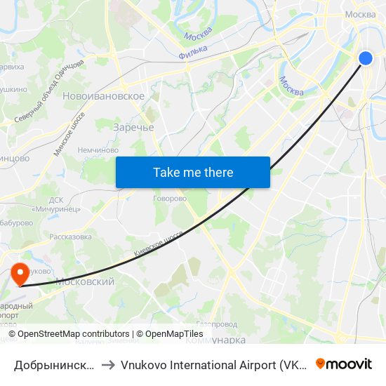 Добрынинская (Dobryninskaya) to Vnukovo International Airport (VKO) (Международный аэропорт Внуково) map