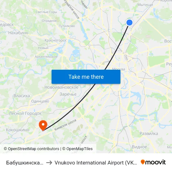 Бабушкинская (Babushkinskaya) to Vnukovo International Airport (VKO) (Международный аэропорт Внуково) map