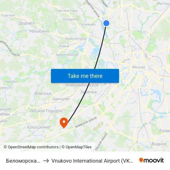 Беломорская (Belomorskaya) to Vnukovo International Airport (VKO) (Международный аэропорт Внуково) map