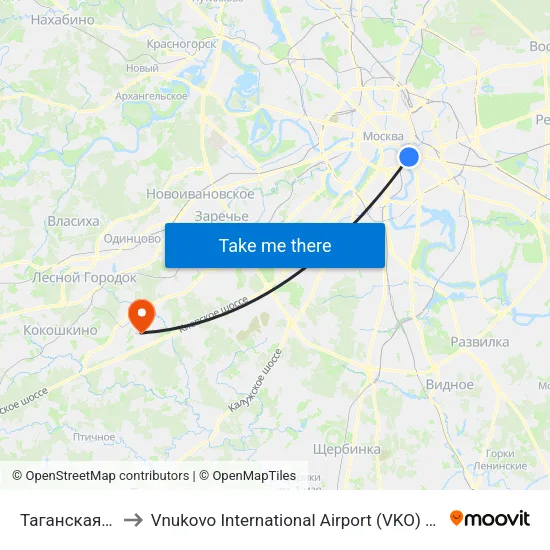 Таганская (Taganskaya) to Vnukovo International Airport (VKO) (Международный аэропорт Внуково) map
