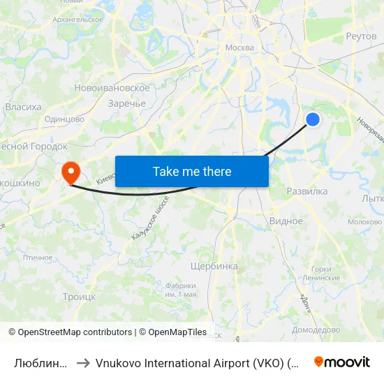 Люблино (Lyublino) to Vnukovo International Airport (VKO) (Международный аэропорт Внуково) map