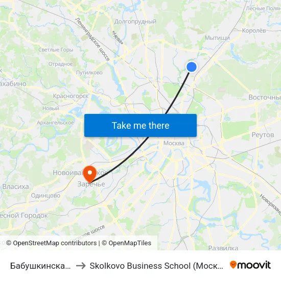 Бабушкинская (Babushkinskaya) to Skolkovo Business School (Московская школа управления «Сколково») map