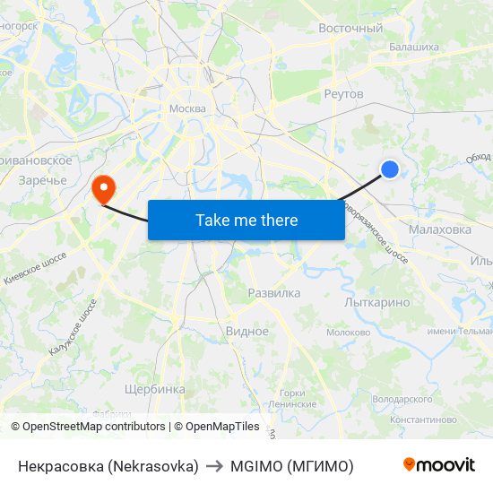 Некрасовка (Nekrasovka) to MGIMO (МГИМО) map