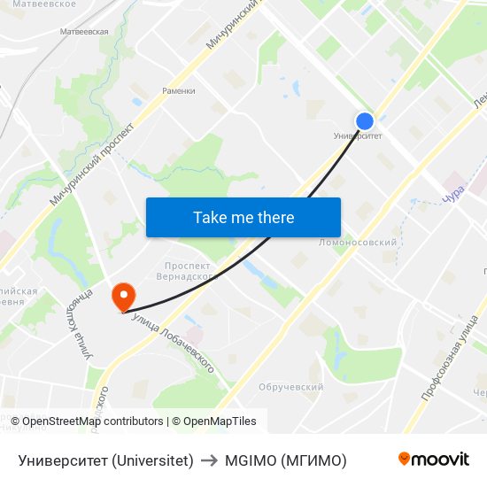 Университет (Universitet) to MGIMO (МГИМО) map