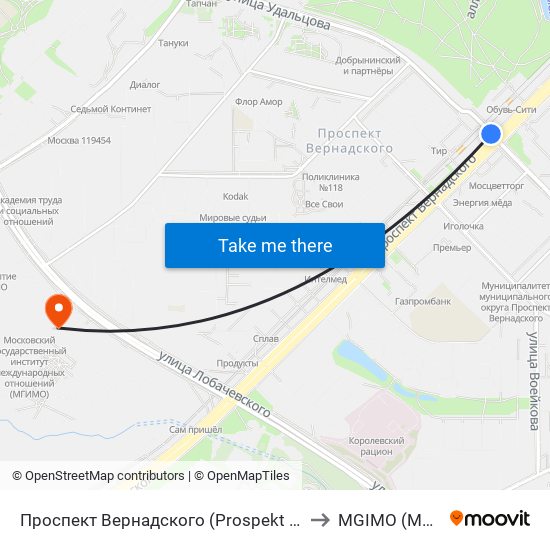 Проспект Вернадского (Prospekt Vernadskogo) to MGIMO (МГИМО) map