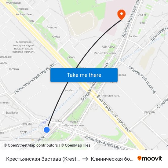 Крестьянская Застава (Krestyanskaya Zastava) to Клиническая больница N84 map