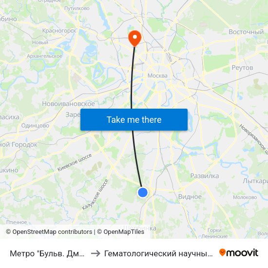 Метро "Бульв. Дмитрия Донского" to Гематологический научный центр Минздрава РФ map