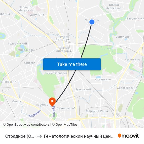 Отрадное (Otradnoe) to Гематологический научный центр Минздрава РФ map