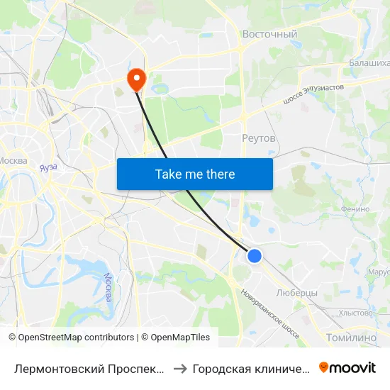 Лермонтовский Проспект (Lermontovsky Prospekt) to Городская клиническая больница № 36 map