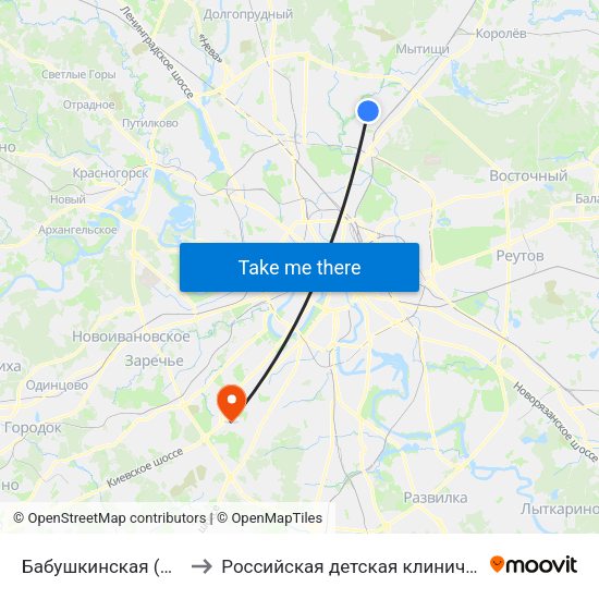 Бабушкинская (Babushkinskaya) to Российская детская клиническая больница (РДКБ) map