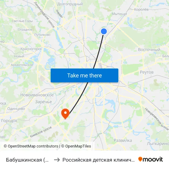 Бабушкинская (Babushkinskaya) to Российская детская клиническая больница (РДКБ) map
