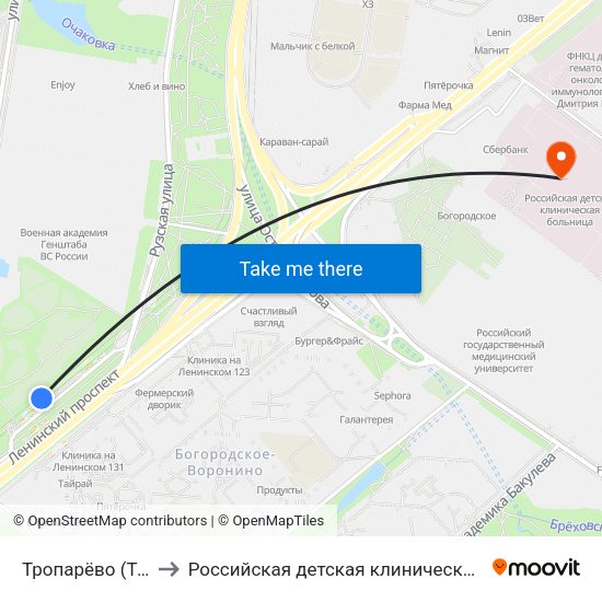 Тропарёво (Troparevo) to Российская детская клиническая больница (РДКБ) map