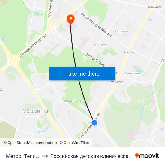 Метро "Теплый Стан" to Российская детская клиническая больница (РДКБ) map