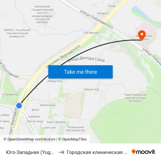Юго-Западная (Yugo-Zapadnaya) to Городская клиническая больница № 31 map