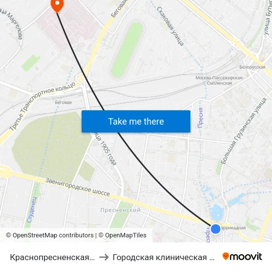 Краснопресненская (Krasnopresnenskaya) to Городская клиническая больница им. С. П. Боткина map