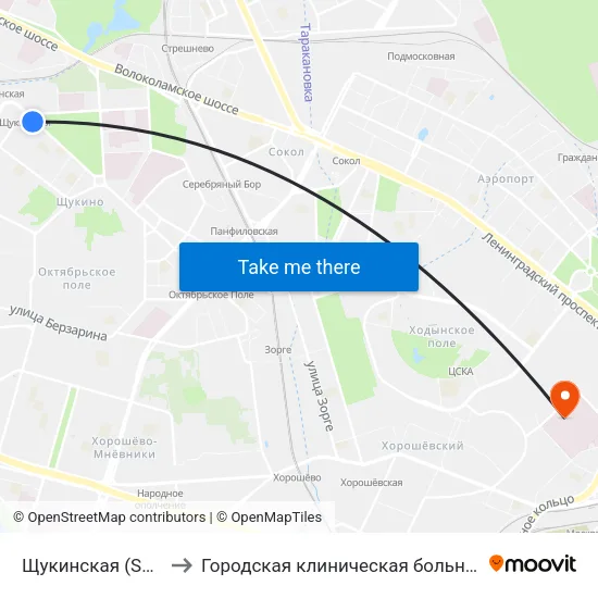 Щукинская (Schukinskaya) to Городская клиническая больница им. С. П. Боткина map