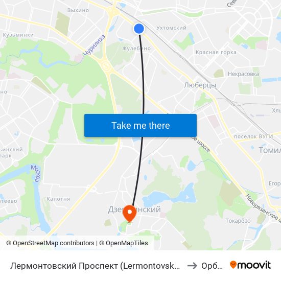 Лермонтовский Проспект (Lermontovsky Prospekt) to Орбита map