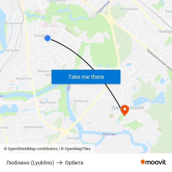 Люблино (Lyublino) to Орбита map