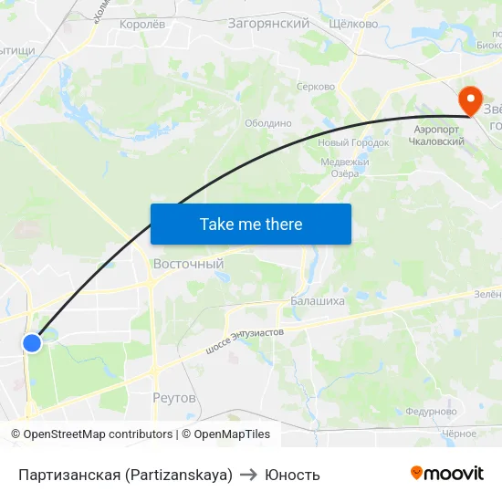 Партизанская (Partizanskaya) to Юность map