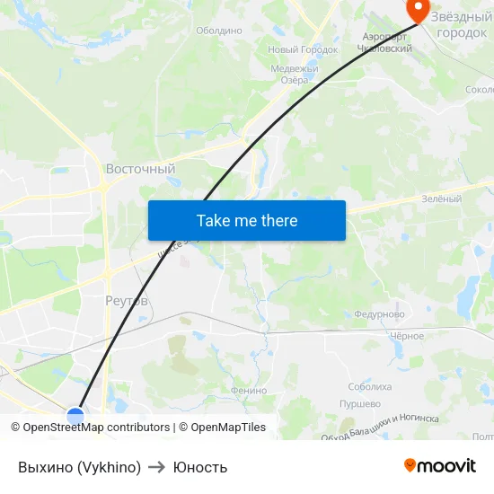 Выхино (Vykhino) to Юность map