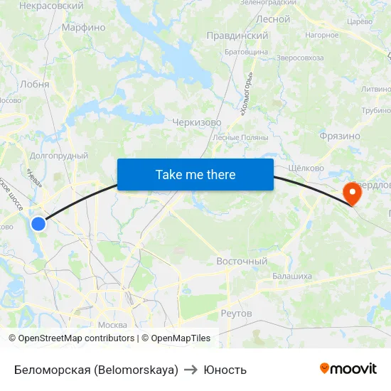Беломорская (Belomorskaya) to Юность map