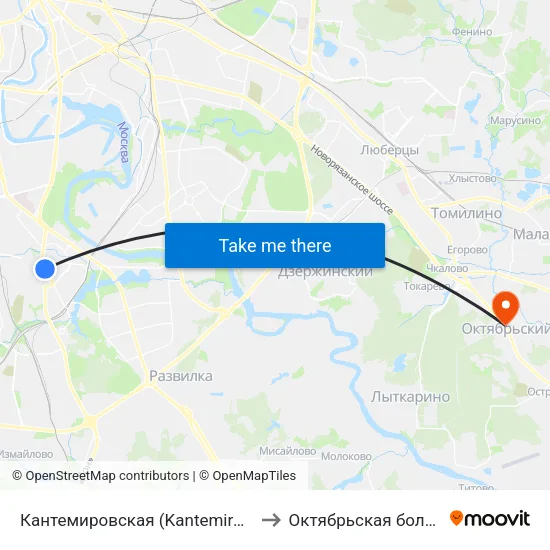Кантемировская (Kantemirovskaya) to Октябрьская больница map