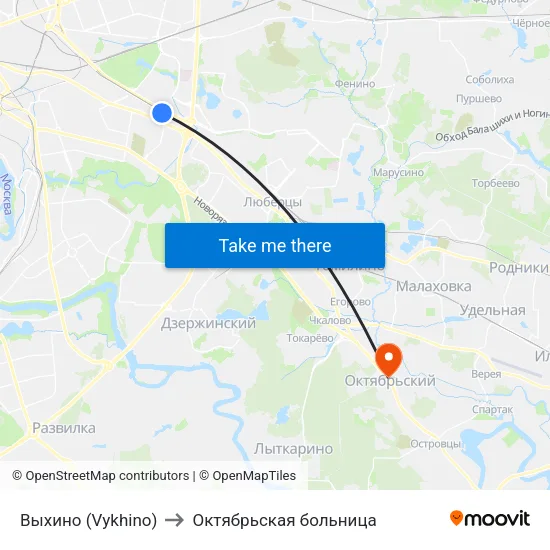 Выхино (Vykhino) to Октябрьская больница map