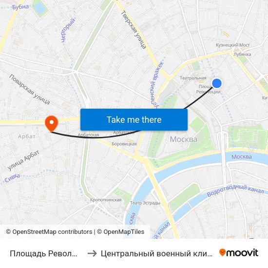Площадь Революции (Ploschad Revolyutsii) to Центральный военный клинический госпиталь им П.В. Мандрыка map