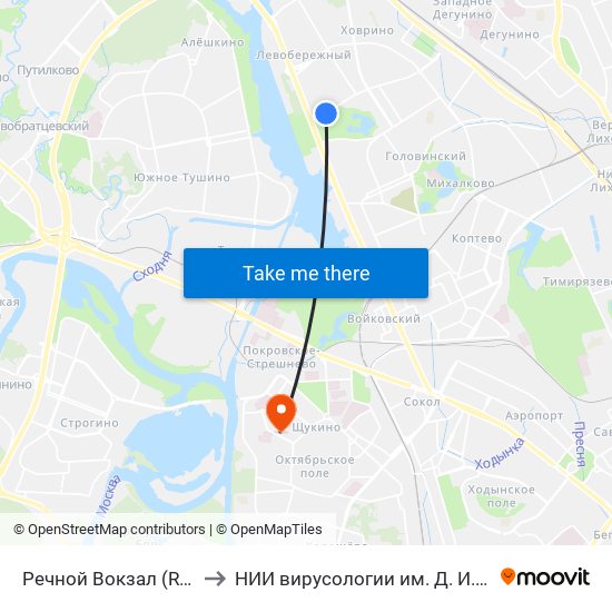 Речной Вокзал (Rechnoy Vokzal) to НИИ вирусологии им. Д. И. Ивановского РАМН map