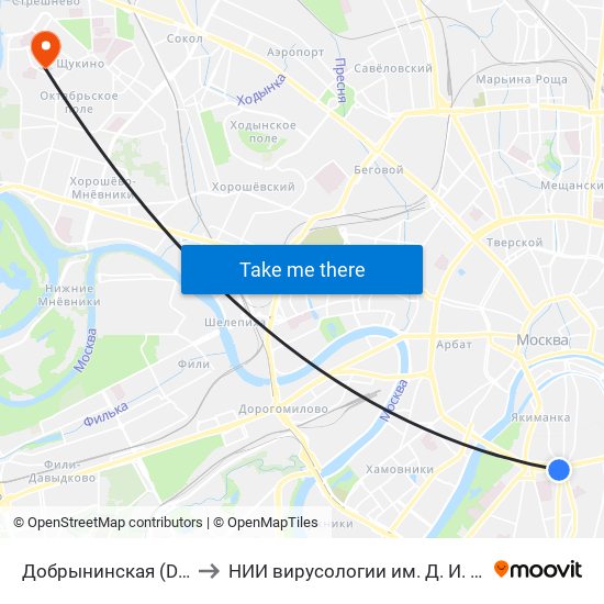 Добрынинская (Dobryninskaya) to НИИ вирусологии им. Д. И. Ивановского РАМН map