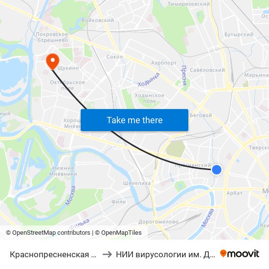 Краснопресненская (Krasnopresnenskaya) to НИИ вирусологии им. Д. И. Ивановского РАМН map