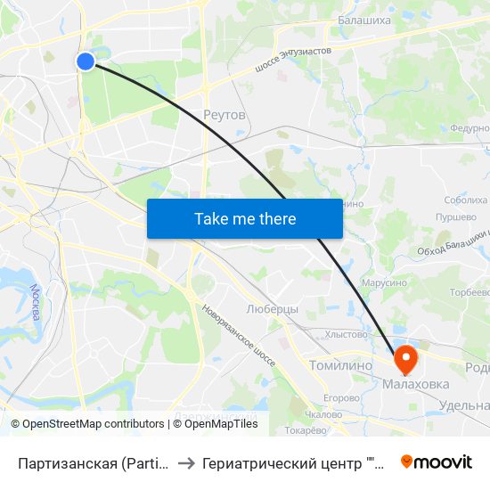 Партизанская (Partizanskaya) to Гериатрический центр ""Малаховка"" map