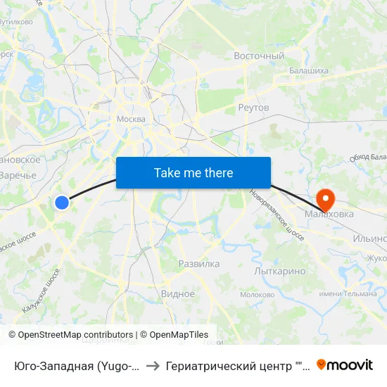 Юго-Западная (Yugo-Zapadnaya) to Гериатрический центр ""Малаховка"" map
