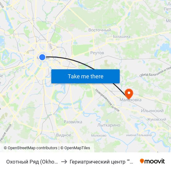 Охотный Ряд (Okhotny Ryad) to Гериатрический центр ""Малаховка"" map