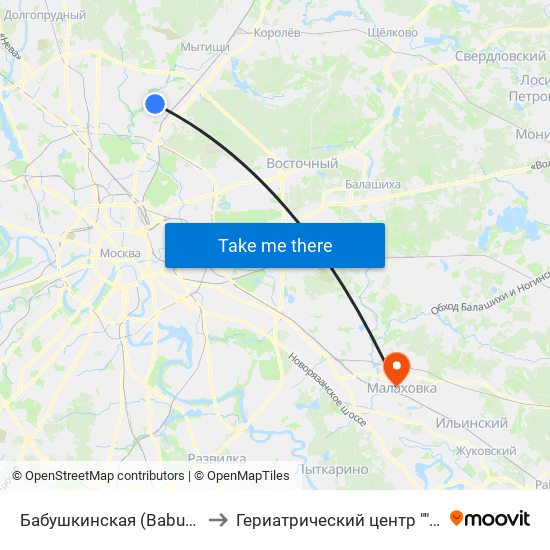 Бабушкинская (Babushkinskaya) to Гериатрический центр ""Малаховка"" map