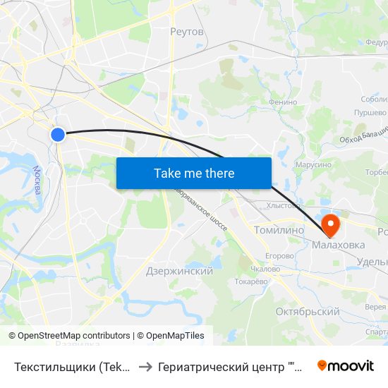 Текстильщики (Tekstilschiki) to Гериатрический центр ""Малаховка"" map