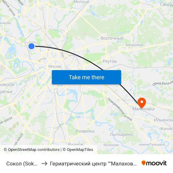 Сокол (Sokol) to Гериатрический центр ""Малаховка"" map