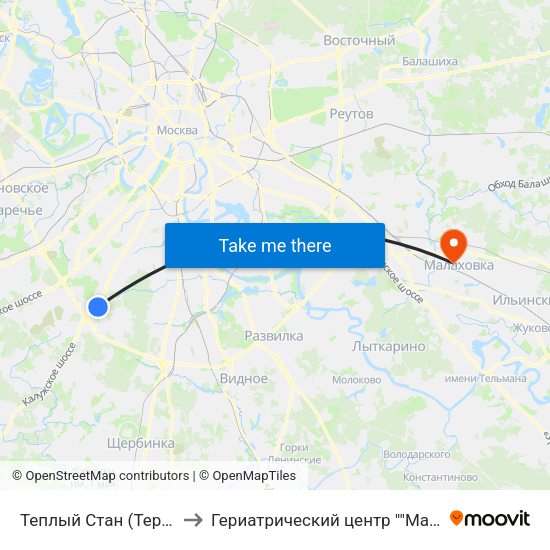 Теплый Стан (Teply Stan) to Гериатрический центр ""Малаховка"" map